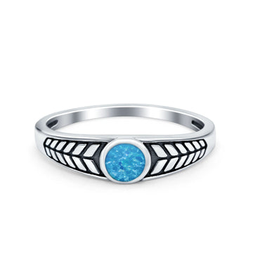 Oxidize Petite Dainty Ring Round Lab Created Blue Opal 925 Sterling Silver